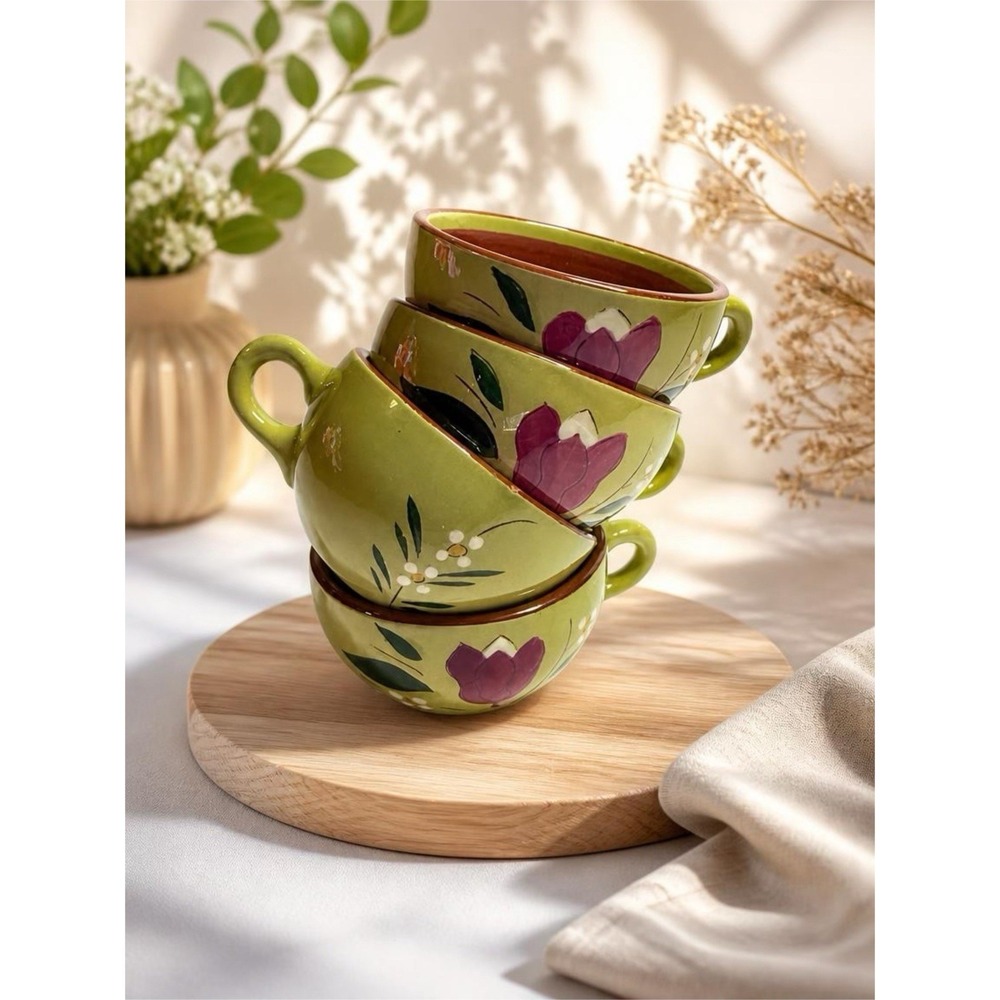 Stangl Pottery Cups Magnolia Green With Red Flowers Inside Band Vintage Set Of 4
